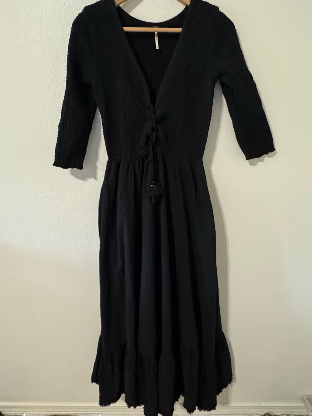 Free People Perfect Solution Maxi Dress Black Smock Lace-Up Long Sleeve-Small - Picture 2 of 13